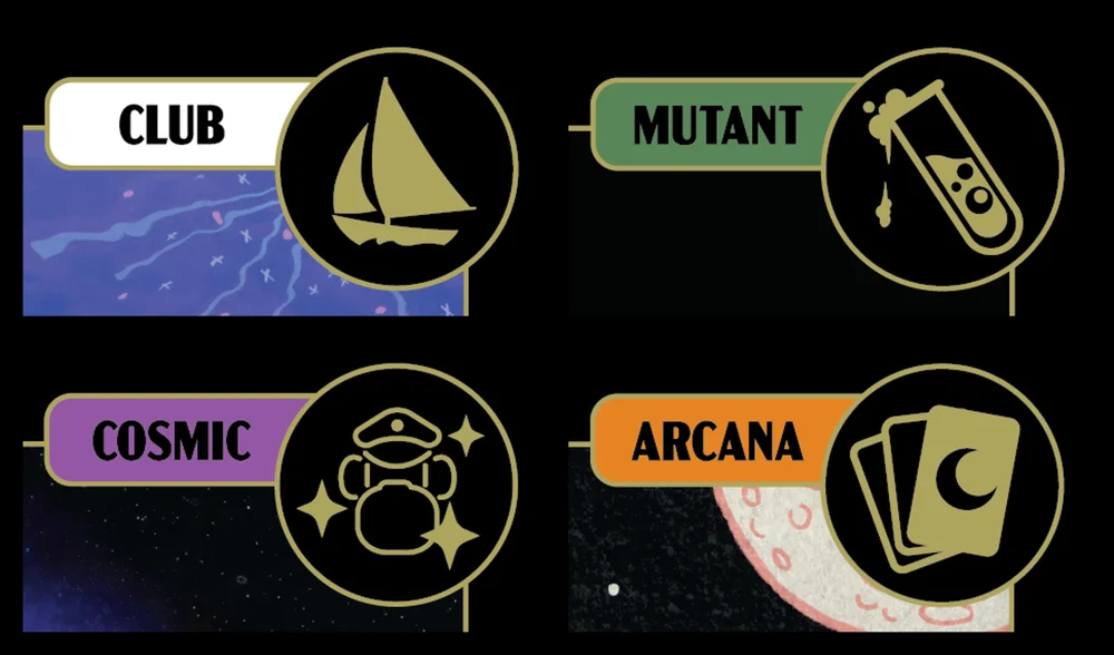 The four faction tags as printed on the cards
